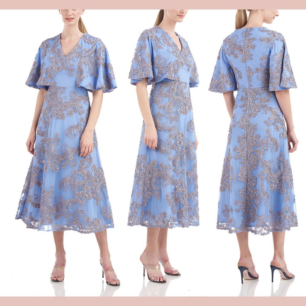 NEW JS Collections‎ [ 4 ] Saige V Neck A Line Tea Length Dress Floral Blue